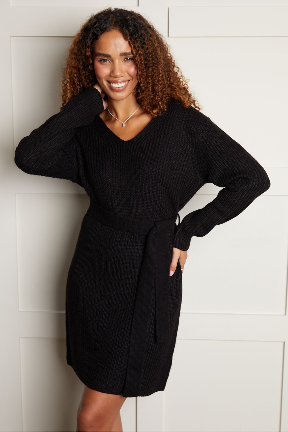 'Gloria' V-Neck Belted Knitted Jumper Dress